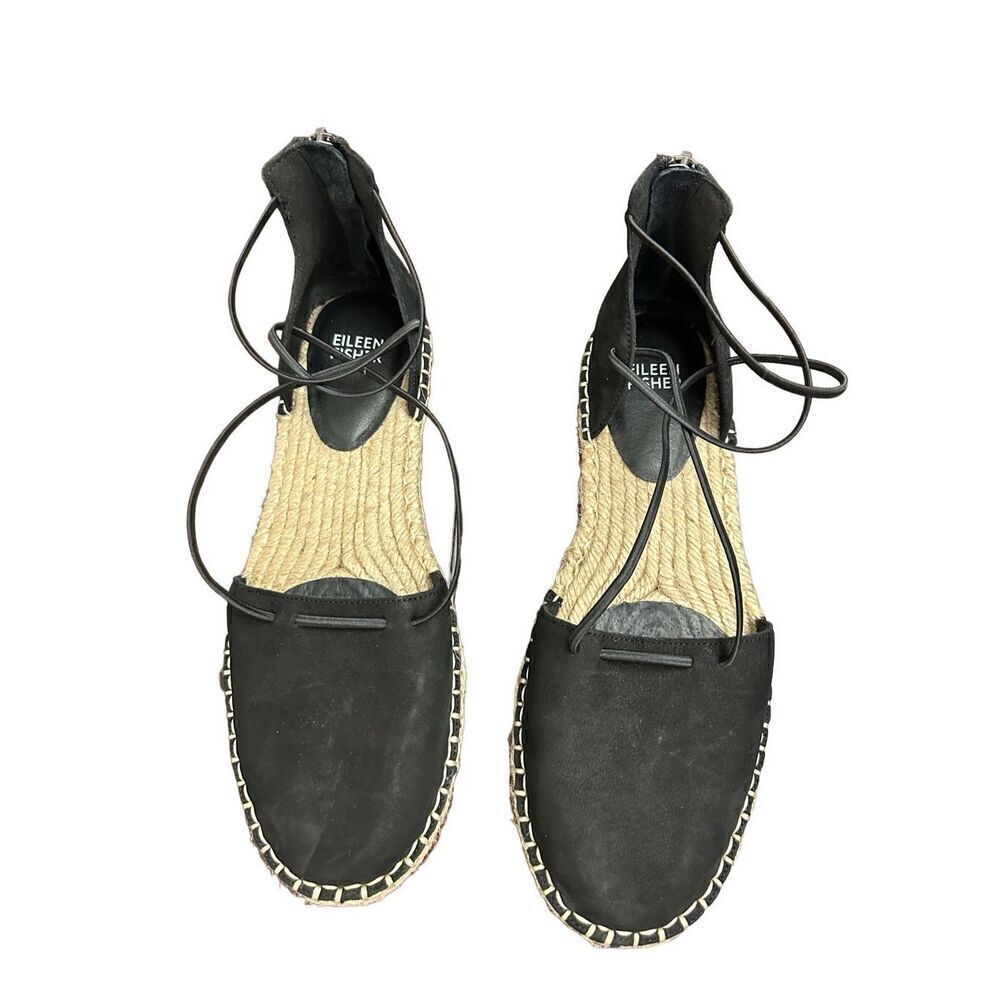 Eileen Fisher Flat Shoes Lace Leather Espadrille Wrap Sandal Black 8 Size: 81/2